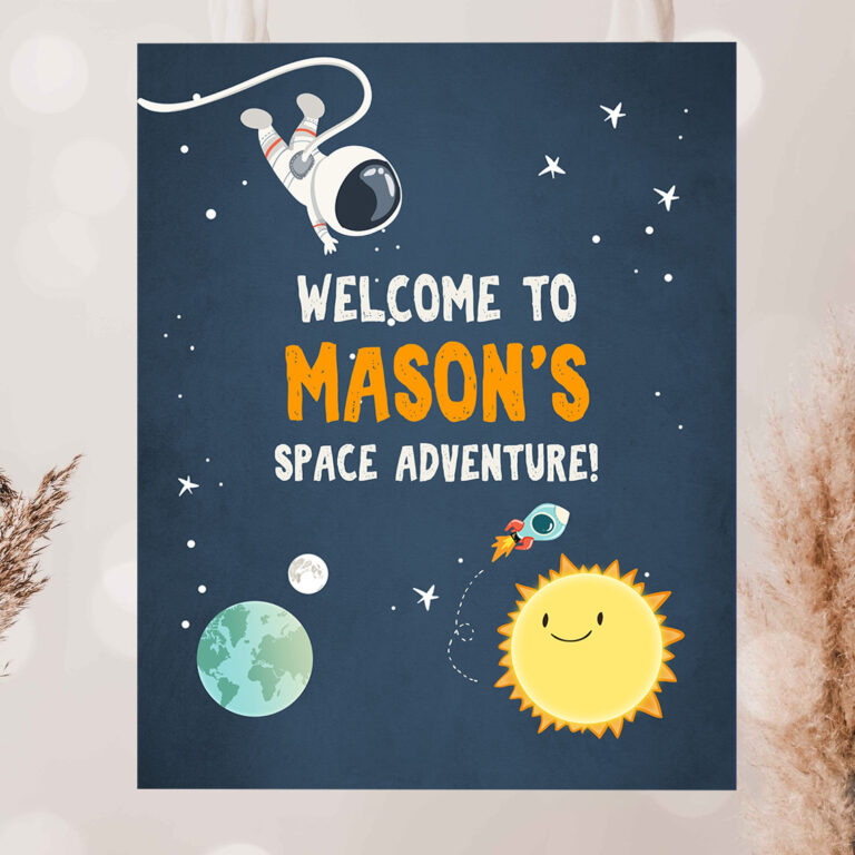 2 Editable Outer Space Astronaut Welcome Sign Birthday Baby Shower Welcome 1st Birthday Boy Space Adventure Template PRINTABLE Corjl 0046 1