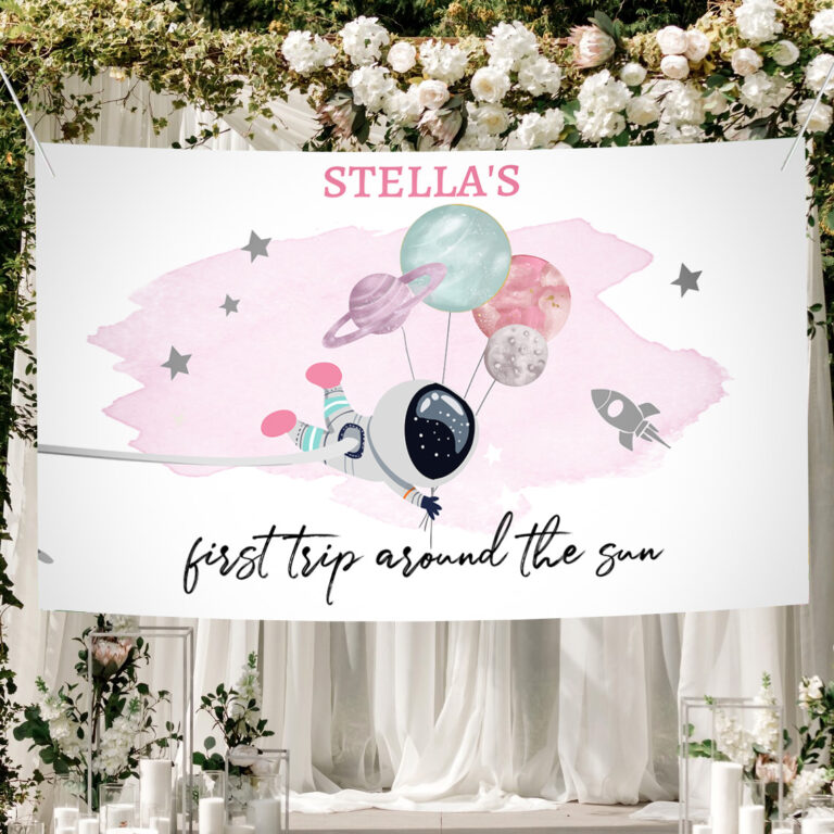2 Editable Outer Space Backdrop Banner Space Birthday Girl First Trip Around the Sun Galaxy Planets Download Corjl Template Printable 0366 1