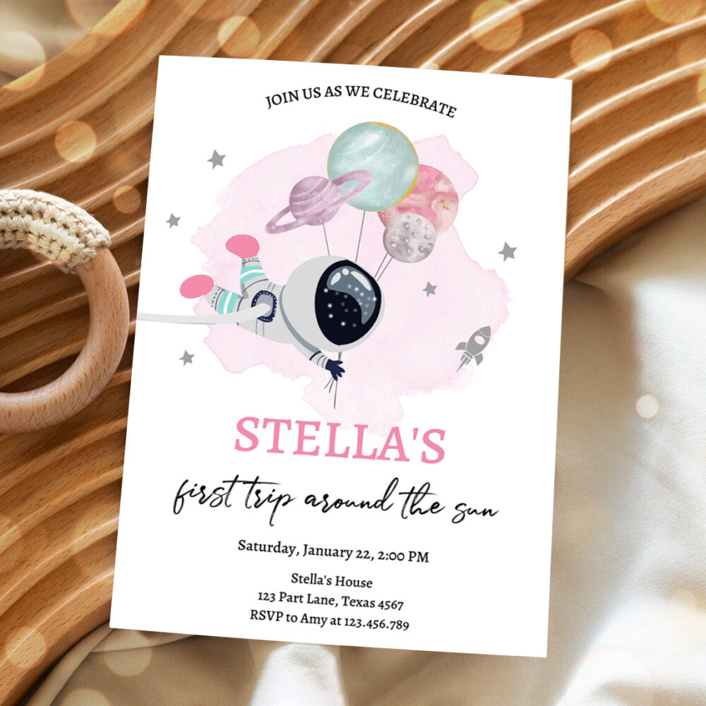 2 Editable Outer Space Birthday Invitation Girl Out of this World Astronaut Trip Around the Sun Download Printable Template Digital Corjl 0366 1