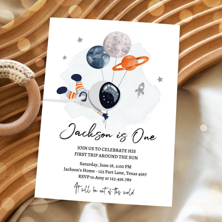 2 Editable Outer Space Birthday Invitation Orange Out of this World Astronaut Trip Around the Sun Download Printable Template Digital Corjl 0366 1