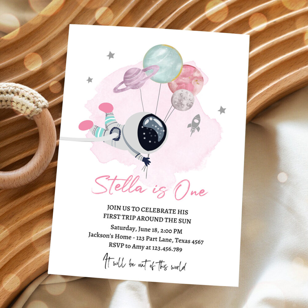 2 Editable Outer Space Birthday Party Pink Girl Out of this World Astronaut Trip Around the Sun Download Printable Template Digital Corjl 0366 1