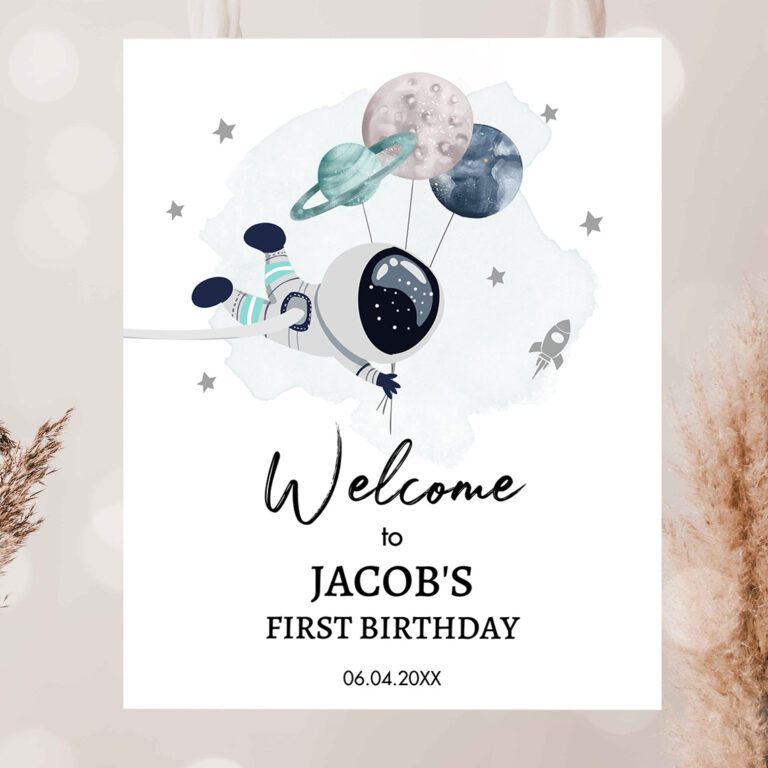 2 Editable Outer Space Birthday Party Welcome Sign 1st Birthday Boy Galaxy Planets Trip Around the Sun Astronaut Template PRINTABLE Corjl 0366 1