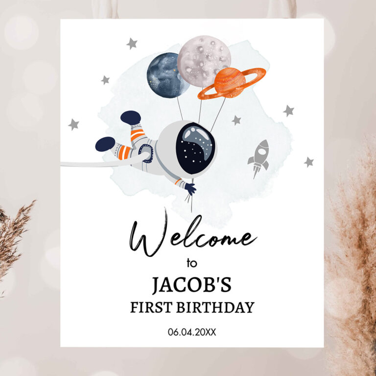 2 Editable Outer Space Birthday Welcome Sign 1st Birthday Boy Galaxy Planets Trip Around the Sun Astronaut Template PRINTABLE Corjl 0366 1