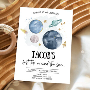 2 Editable Outer Space First Birthday Invitation Galaxy Blast Off First Trip Around the Sun Party Invitation