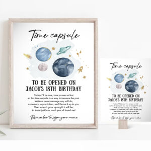 2 Editable Outer Space Time Capsule First Birthday Party Astronaut Rocket Space Birthday Moon Planets Guestbook Party Invitation