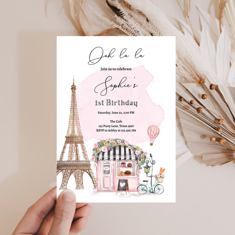 2 Editable Paris Birthday Invitation French Patisserie Parisian Cafe French Birthday Floral Tea Party Printable Template Corjl Digital 0441 1