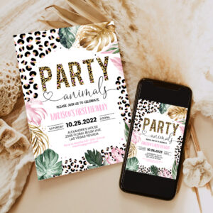 2 Editable Party Animals Birthday Invitation Leopard Print Jungle Birthday Party Leopard Print Wild One Two Wild Template