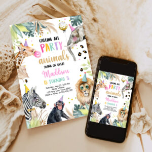 2 Editable Party Animals Birthday Invitation Leopard Print Safari Animals Zoo Birthday Party Girl Pink Download Printable Template Corjl 0417 1