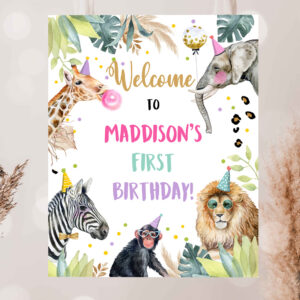 2 Editable Party Animals Welcome Sign Party Animal Sign Zoo Safari Welcome Jungle Sign Birthday Animals Girl Template PRINTABLE Corjl 0417 1