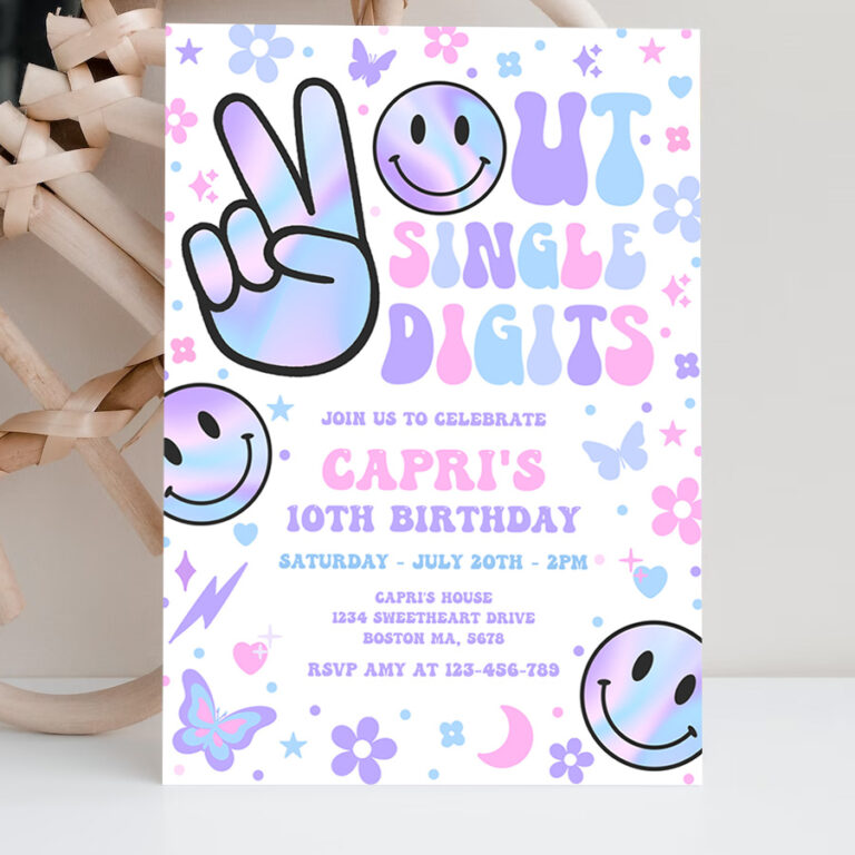 2 Editable Peace Out Single Digits Birthday Invitation Holographic Groovy 10th Birthday Hippie Double Digits Party