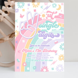 2 Editable Peace Out Single Digits Birthday Party Invitation Groovy Tween 10th Birthday Hippie 70s Double Digits Birthday