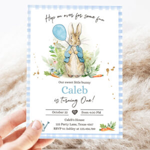 2 Editable Peter Rabbit Birthday Invitation Boy Blue Rustic Peter Rabbit First Birthday Hop On Over Watercolor
