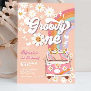 2 Editable Pink Daisy Rainbow Groovy Van Groovy ONE 1st Birthday Invite Retro Hippie Party Invitation Template