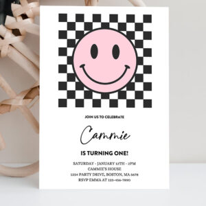 2 Editable Pink Smiley Face 1st Birthday Invitation One Happy Girl 1st Birthday Happy Face Birthday Hipster 1st Birthday