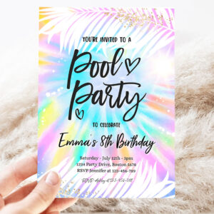 2 Editable Pool Party Invitation Girly Tie Dye Pool Party Invitation Pool Birthday Party Summer Swimming Pool Party