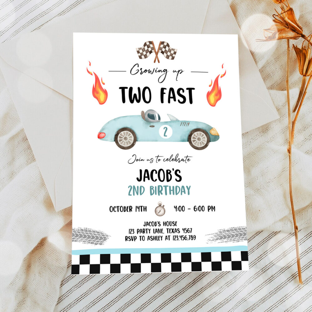 2 Editable Racing Car Birthday Invitation Growing Up Two Fast Invite Second Birthday 2nd Boy Download Printable Template Digital Corjl 0424 1