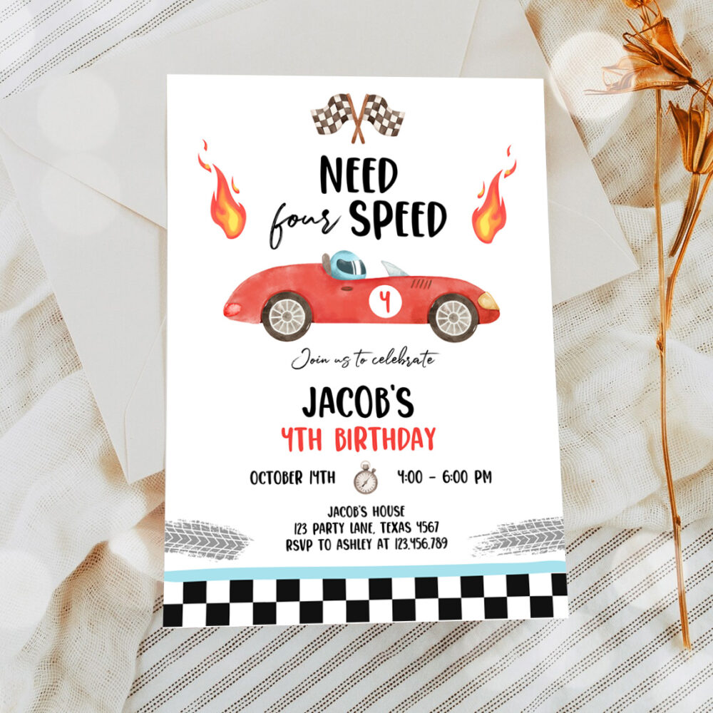 2 Editable Racing Car Birthday Party Need Four Speed Invite 4th Birthday Need 4 Speed Boy Download Printable Template Digital Corjl 0424 1