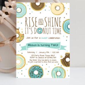 2 Editable Rise and Shine Donut Time Birthday Invitation ANY AGE Sweet Boy Birthday Party Blue Doughnut Digital Corjl Template Printable 0050 1