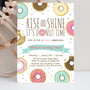 2 Editable Rise and Shine Donut Time Birthday Party Invitation ANY AGE Sweet Girl Birthday Party Pink Doughnut Digital Corjl Template Printable 0050 1
