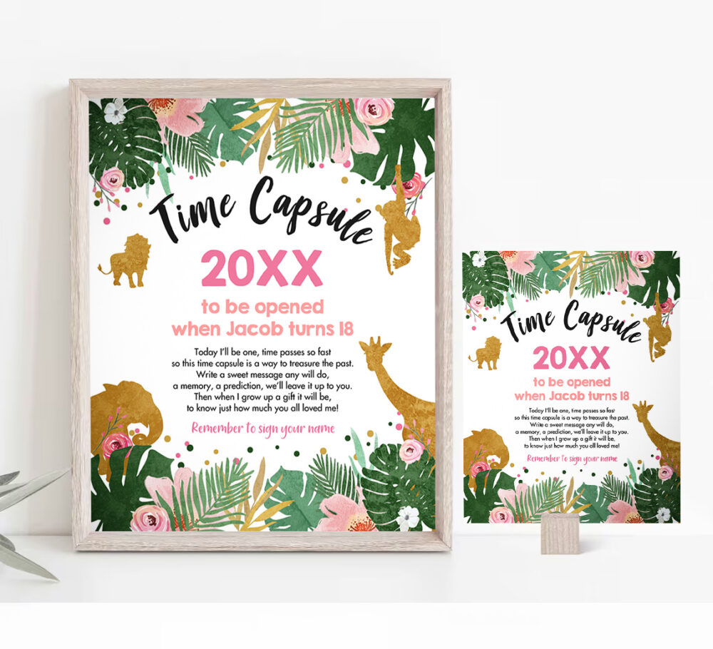 2 Editable Safari Animals Time Capsule Wild One First Birthday Party Pink Gold Black Zoo Jungle Instant Download Corjl Template Printable 0016 1