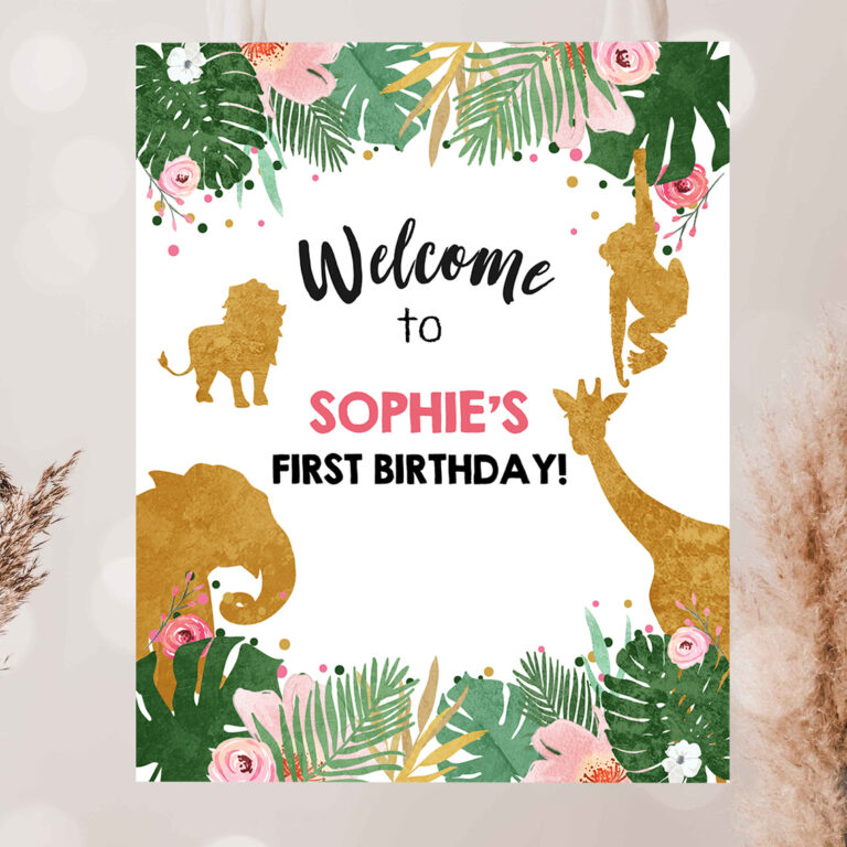 2 Editable Safari Animals Welcome Sign Wild One Party Animals Sign Zoo Jungle Table Sign Pink Gold Girl Corjl Template Download PRINTABLE 0016 1