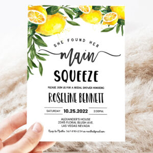 2 Editable She Found Her Main Squeeze Bridal Shower Invitation Lemon Citrus Watercolor Invite Summer Printable Template