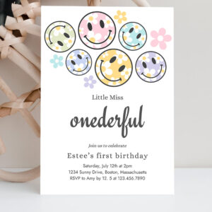 2 Editable Smiley Daisy Face Birthday Invitation Pastel Daisy Little Miss Onederful 1st Birthday Happy Face Party
