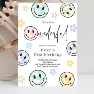 2 Editable Smiley Daisy Face Birthday Party Invitation Pastel Daisy Little Miss Onederful 1st Birthday Happy Face Party