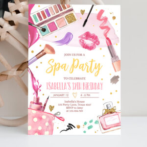 2 Editable Spa Makeup Birthday Invitation Glam Party Girl Birthday Tween Spa Party Invite Pink Gold Download Printable Template Corjl 0420 1
