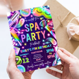 2 Editable Spa Makeup Birthday Invitation Neon Glow Spa Party Invitation Glitz and Glam Makeup Neon Glow Birthday Party