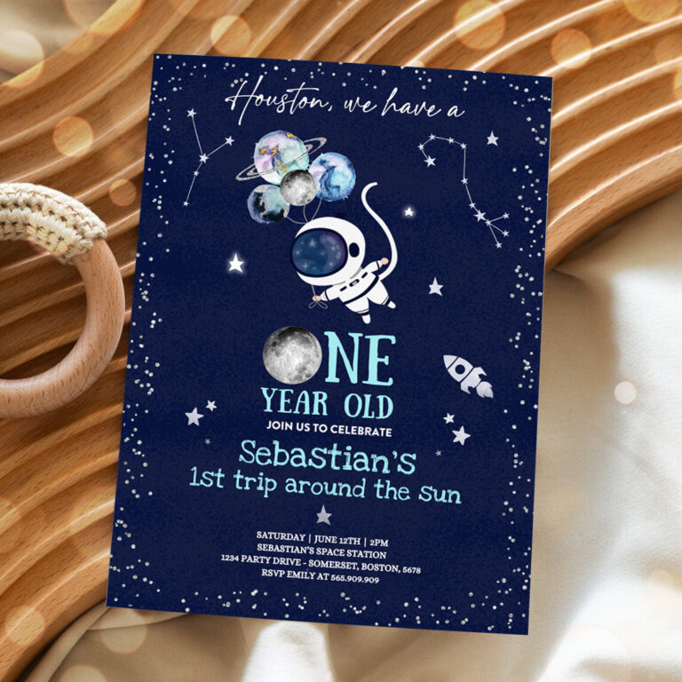 2 Editable Space 1st Birthday Party Invitation Houston We Have A One Year Old Rocket Ship Planets Galaxy Outer Space Party