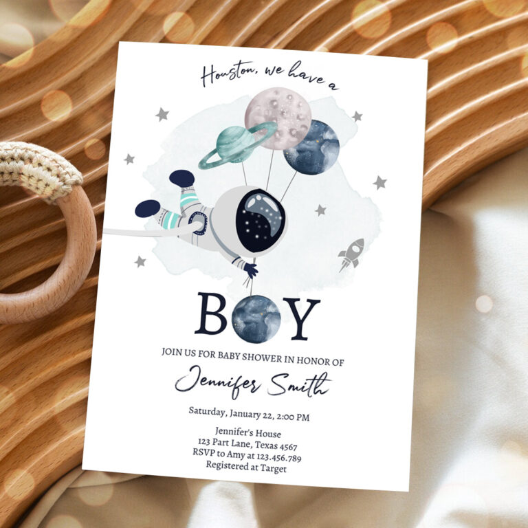 2 Editable Space Astronaut Baby Shower Invitations Galaxy Houston Its a Boy Blue Planets Moon Countdown Template Instant Download Corjl 0366 1