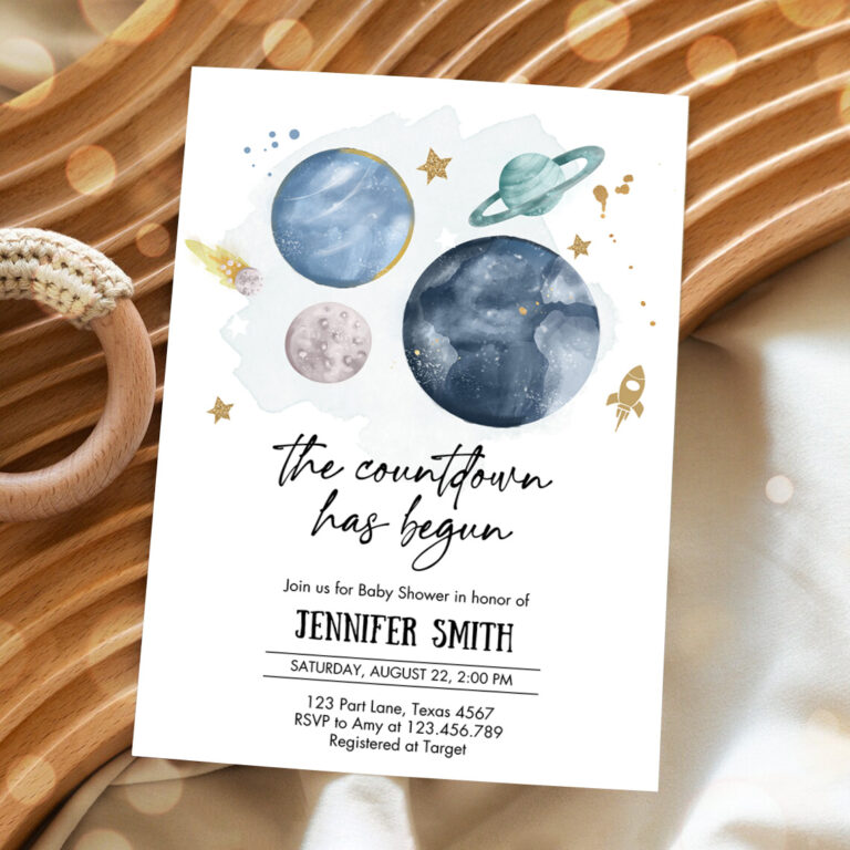 2 Editable Space Baby Shower Invitation Galaxy Outer Space Its a Boy Blue Planets Moon Countdown Invite