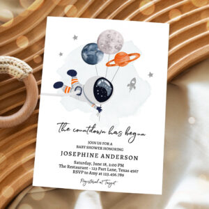 2 Editable Space Baby Shower Invitation Galaxy Outer Space Its a Boy Gold Planets Moon Countdown Invite Template Instant Download Corjl 0366 1