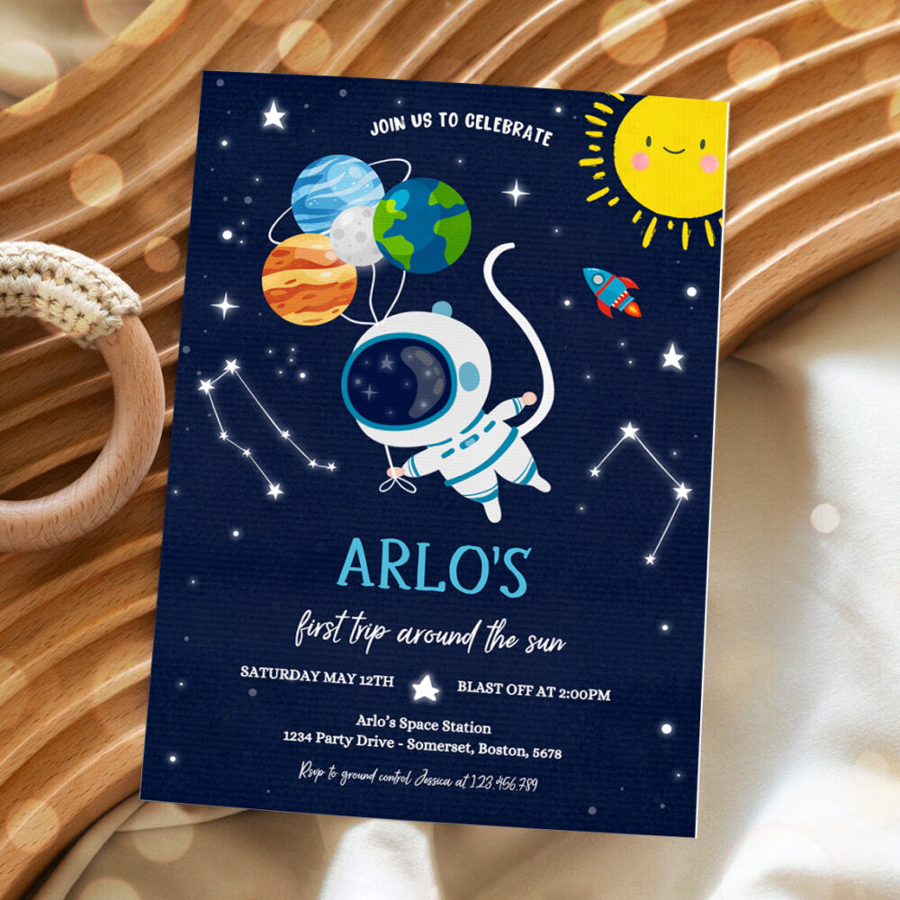 2 Editable Space Birthday Invitation First Trip Around The Sun Boy Rocket Ship Space Planets Galaxy Outer Space Party