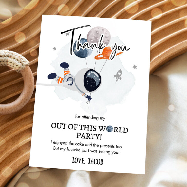 2 Editable Space Birthday Thank You Card Space Astronaut Thank You Note Planets Boy Orange Download Printable Template Digital Corjl 0366 1