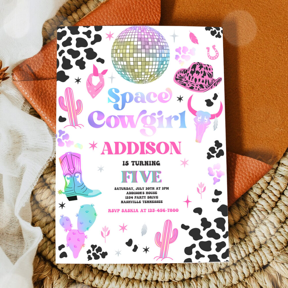 2 Editable Space Cowgirl Birthday Party Invitation Cosmic Space Cowgirl Disco Birthday Party Nashville Rodeo Any Age Party
