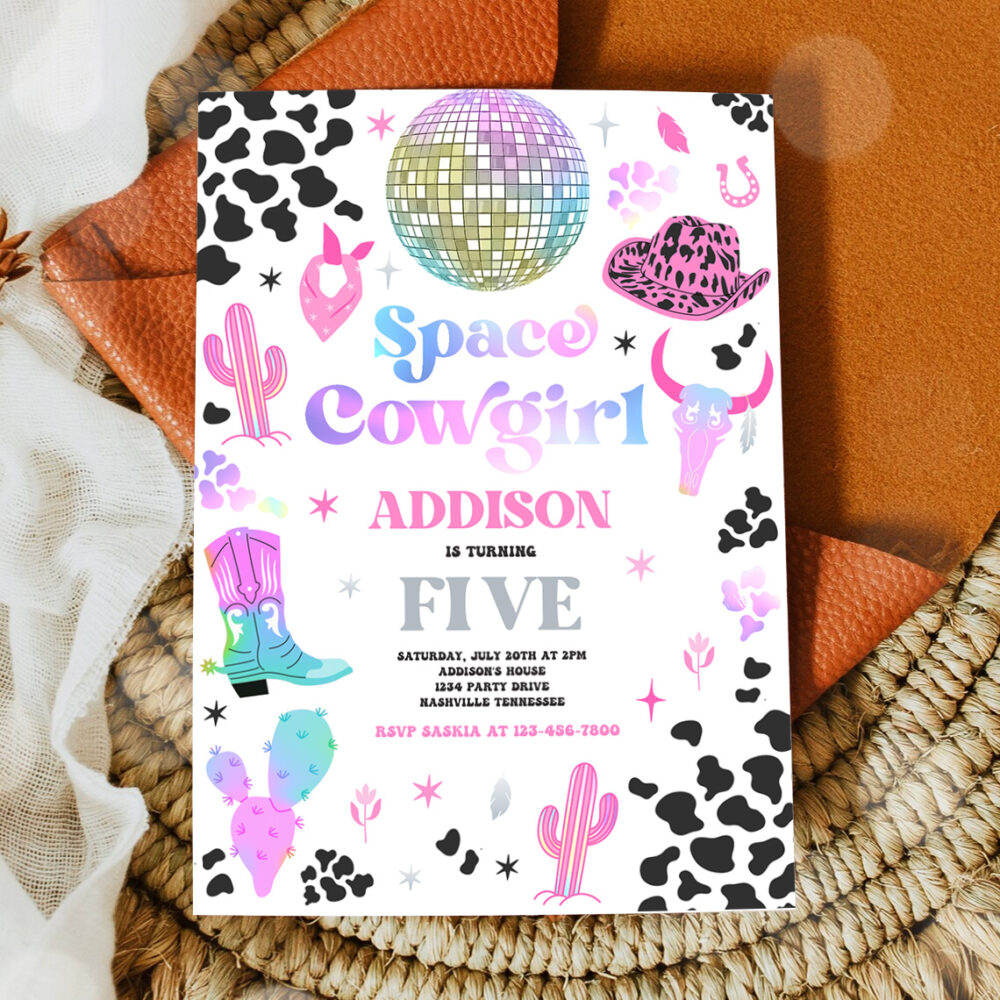 2 Editable Space Cowgirl Birthday Party Invitation Cosmic Space Cowgirl Disco Birthday Party Nashville Rodeo Any Age Party Instant Download UL 1