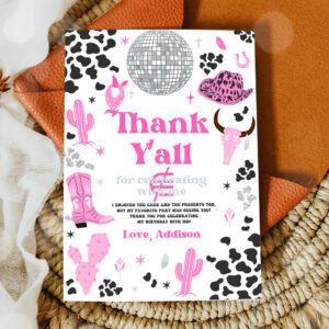 2 Editable Space Cowgirl Birthday Party Thank You Card Pink Disco Cowgirl Party Nashville Rodeo Birthday Party Any Age Instant Download UL 1