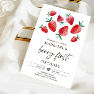 2 Editable Strawberry Birthday Invitation First Birthday Berry Sweet Girl Cute Strawberries 1st Party Invitation
