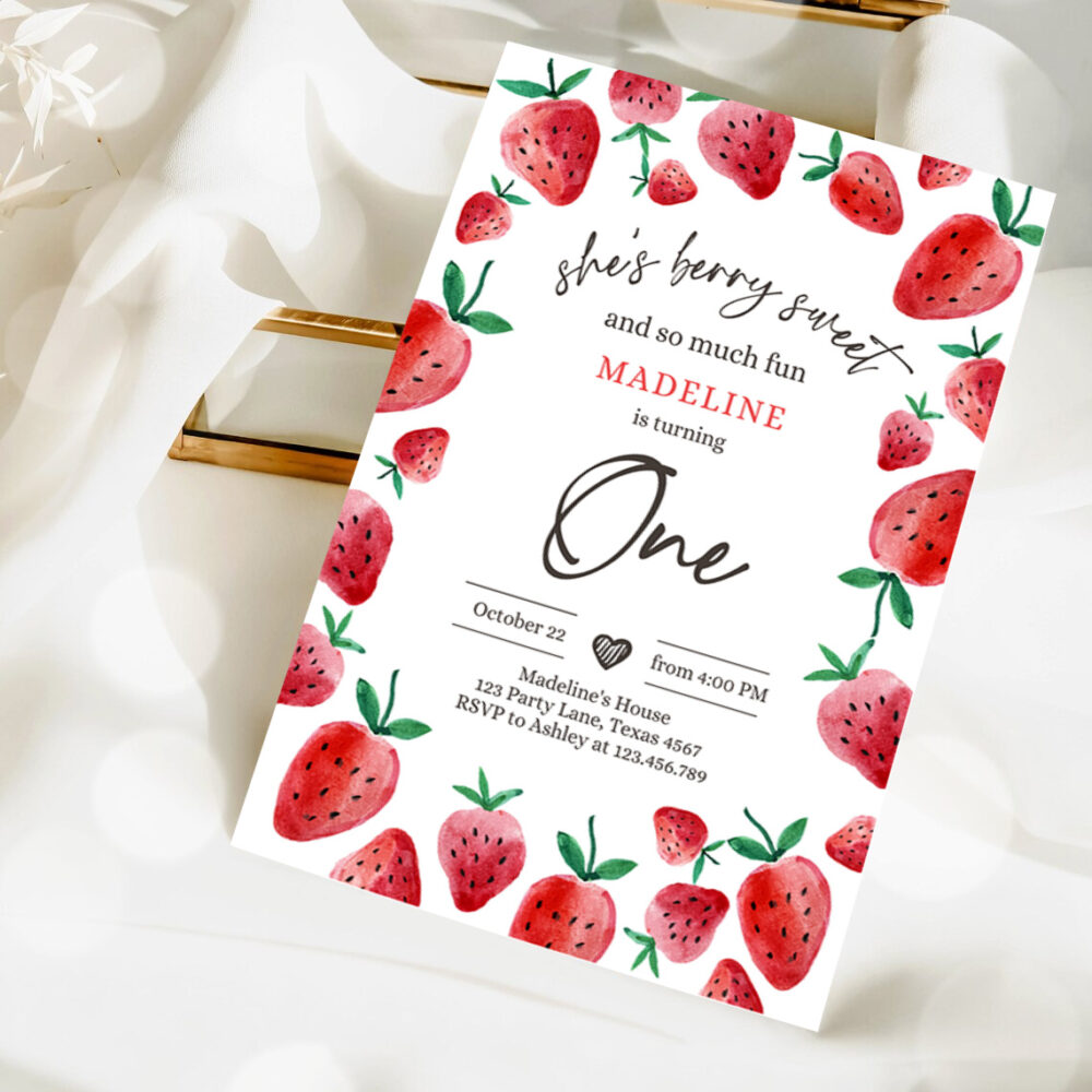 2 Editable Strawberry Birthday Party Invite First Birthday Berry Sweet Girl Cute Strawberries 1st Download Printable Template Corjl Digital 0399 1