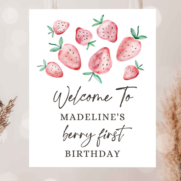 2 Editable Strawberry Welcome Sign Strawberry Birthday Party Welcome Farmers Market Girl Berry First Watercolor Template PRINTABLE Corjl 0399 1
