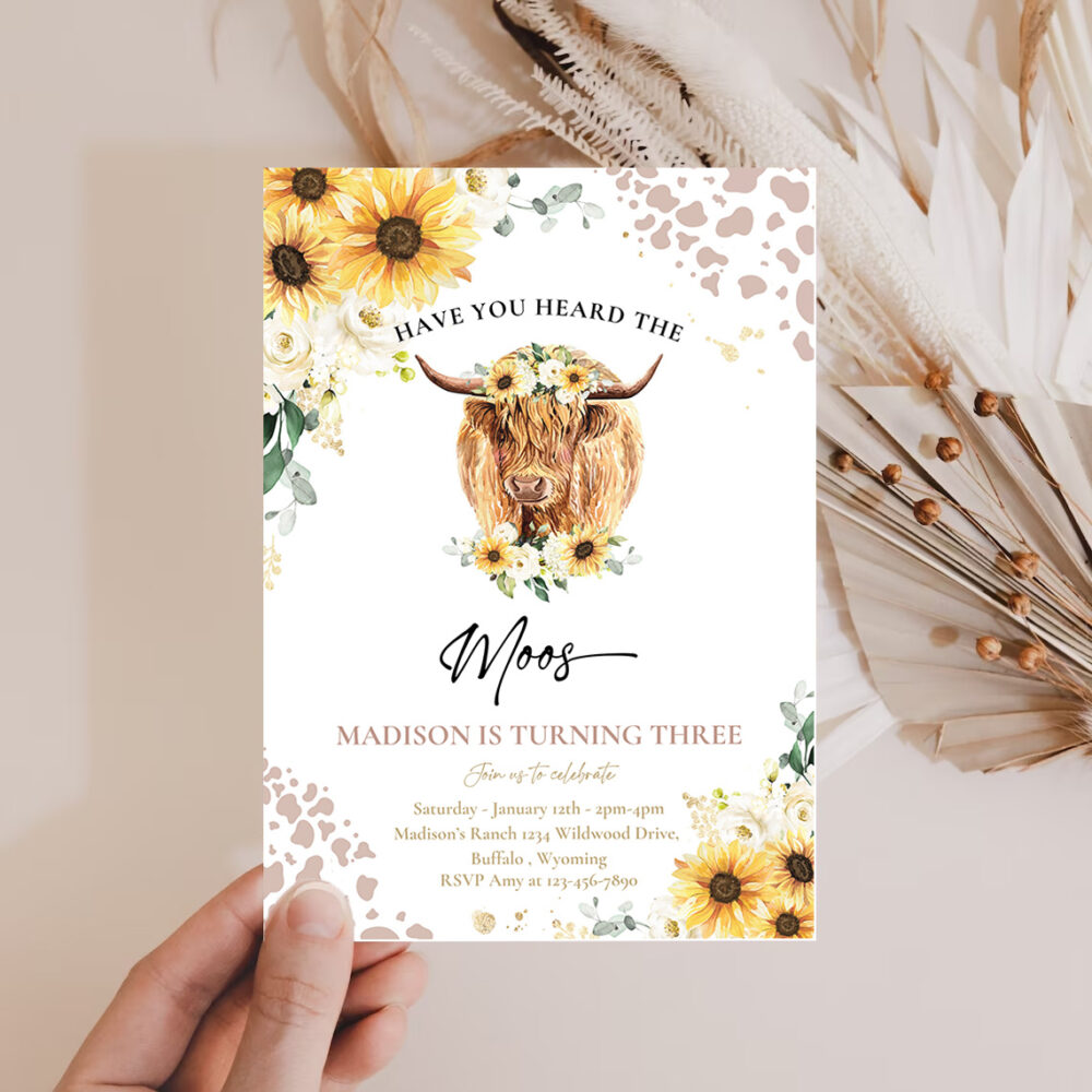 2 Editable Sunflower Cow Birthday Party Invitation Have You Heard The Moos Floral Highland Cow Birthday Party