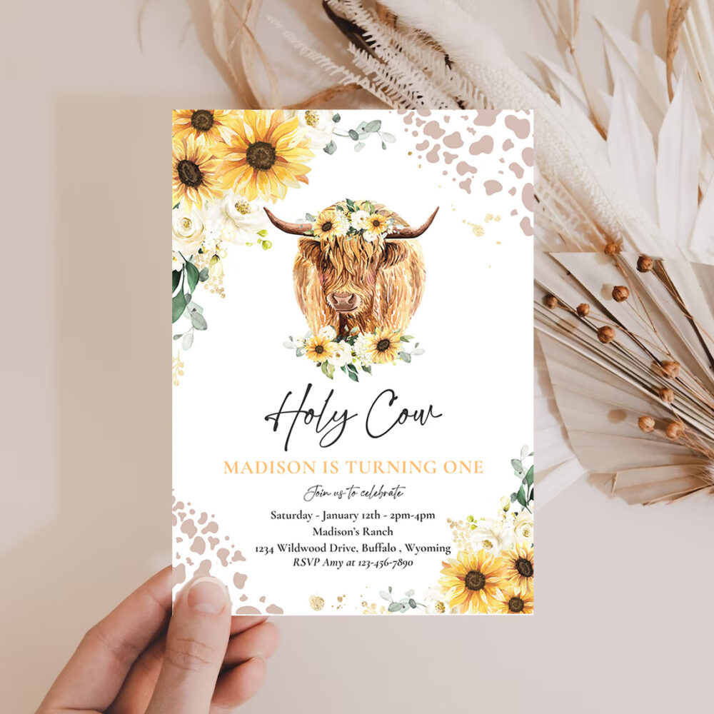 2 Editable Sunflower Cow Birthday Party Invitation Holy Cow Im One Party Summer Floral Highland Cow Party Instant Download Editable QS 1