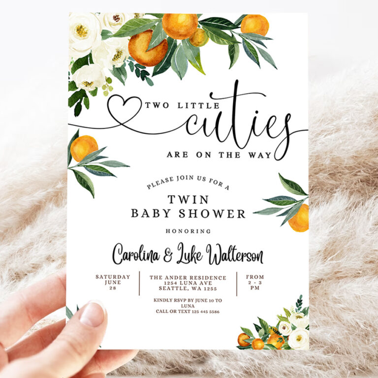 2 Editable TWINS Two Little Cuties are on the Way Greenery Orange Gender Neutral Baby Shower Invitation Template 1