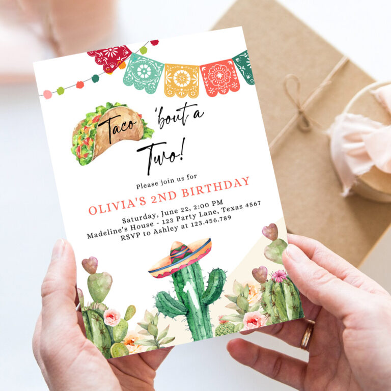 2 Editable Taco Bout Two Birthday Invitation ANY AGE Girl Boy Cactus Fiesta Mexican Second Birthday Download Printable Corjl Template 0404 1