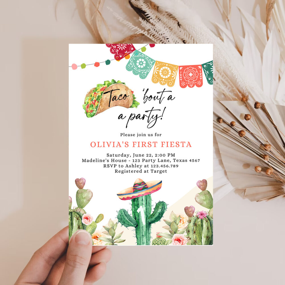 2 Editable Taco Bout a Party Birthday Invitation Fiesta ANY AGE Cactus Mexican Floral Cinco de Mayo Download Printable Corjl Template 0404 1