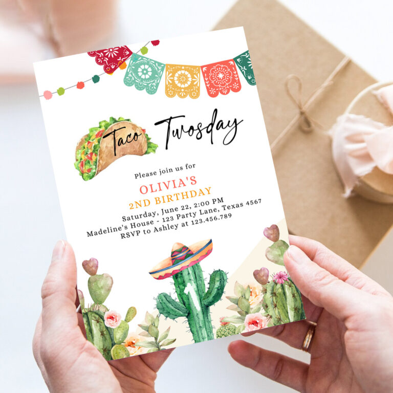 2 Editable Taco Twosday Fiesta Birthday Invitation Second Birthday 2nd Cactus Mexican Tacos Girl Cactus Download Corjl Template Printable 0404 1