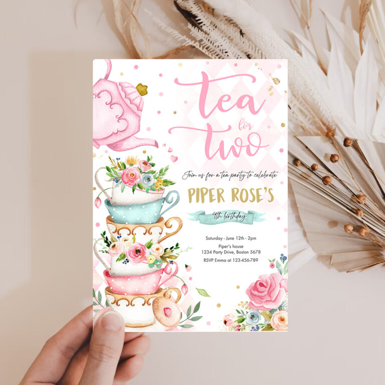 2 Editable Tea For Two Birthday Invitation Tea For Two 2nd Birthday Party Pink Gold Floral Whimsical Tea Party