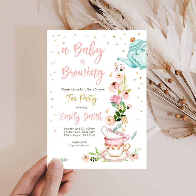 2 Editable Tea Party Baby Shower Party Invitation Tea Shower Sprinkle Floral Pink Gold Blush Brunch Bubbly Download Corjl Template Printable 0349 1